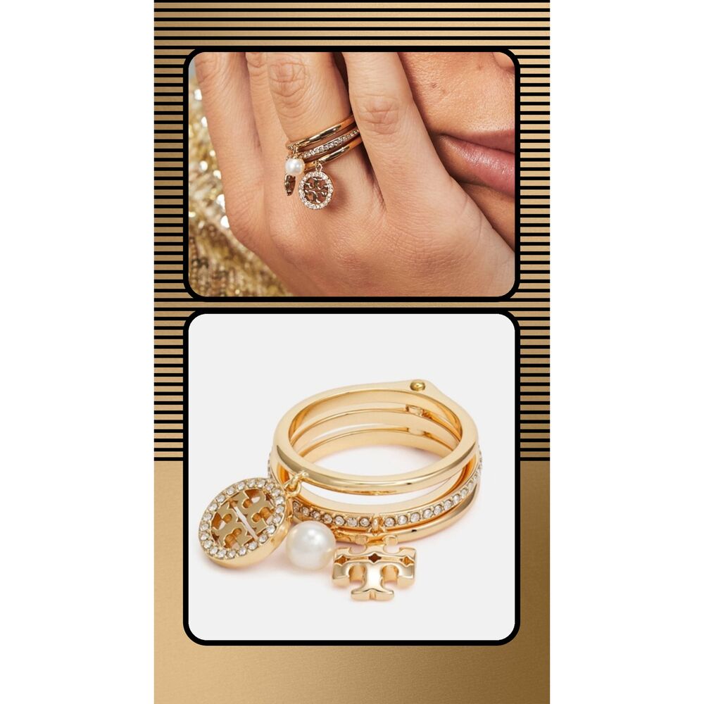 TORY BURCH Miller Pave Crystal Pearl Logo Stackable Trio Rings Size 8
